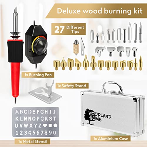 Woodland Home Wood Burning Kit. Pyrography Pen Fully Adjustable Temperature With safety Stand. 27 Tips with Cutting Blade, Stencils and Deluxe Case