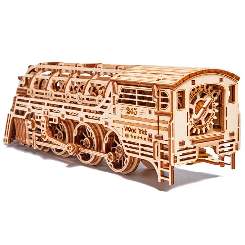 Wood Trick Atlantic Express Train 3D Wooden Puzzles for Adults and Kids to Build - 26.7x4 in - Rides up to 9 ft - Mechanical Locomotive Model Kit for Wood Trick