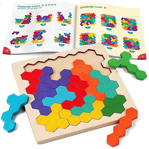 Coogam Wooden Tangram Puzzle, Color Shape Pattern Jigsaw Brain Teasers 3D Logic IQ Game Geometric Blocks Montessori STEM Educational Toys Gift for Coogam
