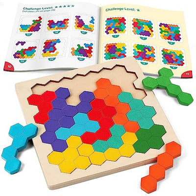 Coogam Wooden Tangram Puzzle, Color Shape Pattern Jigsaw Brain Teasers 3D Logic IQ Game Geometric Blocks Montessori STEM Educational Toys Gift for