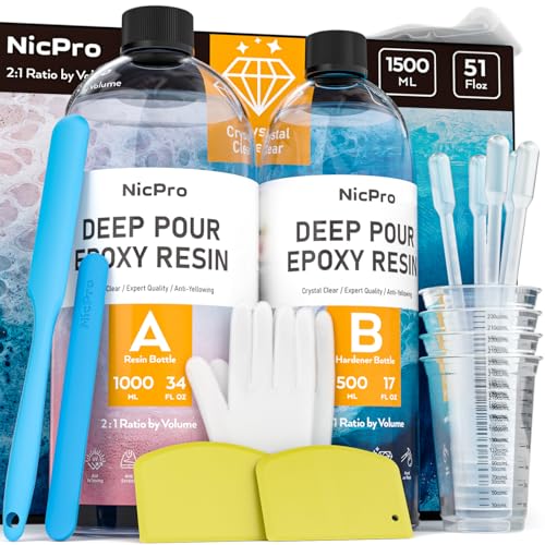 Nicpro 51oz Deep Pour Epoxy Resin Kit, 2 to 4 Inch Depth Crystal Clear & High Gloss, Bubble Free Epoxy Resin for Craft River Table,Wood Filler, Bar - WoodArtSupply