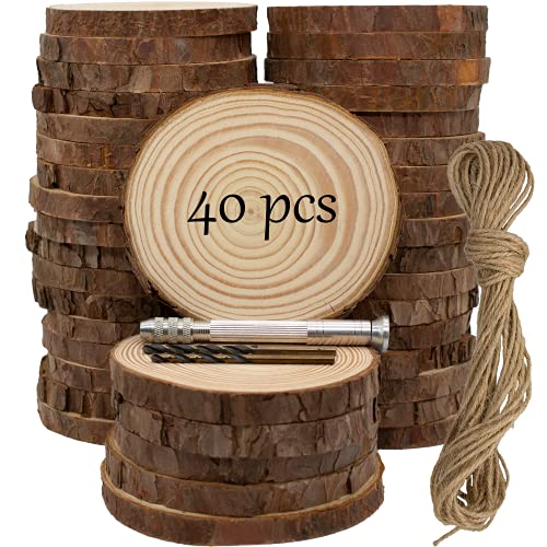 Unfinished Natural Wooden Slices 40 Pcs 3.2-4 Inch Wood Circles for Crafts DIY Christmas Ornament Craft Wood Kit with Bit,Blank Round Wood Slice with