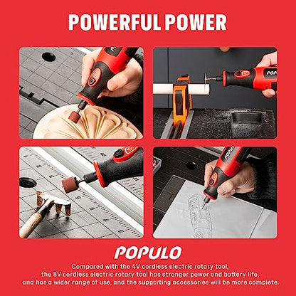 POPULO 8V Rechargeable Cordless Rotary Tool 2.0Ah Battery with 124 Pieces Accessories, 4 Position LED Lights, 5 Speed Adjustment, Used for nail tool