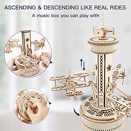 ROKR 3D Wooden Puzzle for Adults Airplane Tower Music Box - DIY Mechanical Model Building Kit 10", Gifts for Boys/Girls/Parents/Family
