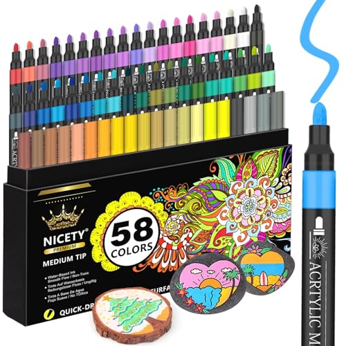 NICETY 58 Colors Acrylic Paint Pens Paint Markers, 3mm Medium Tip Point Acrylic Paint Pens for Rock Painting, Canvas, Wood, Ceramic, Glass, Stone,