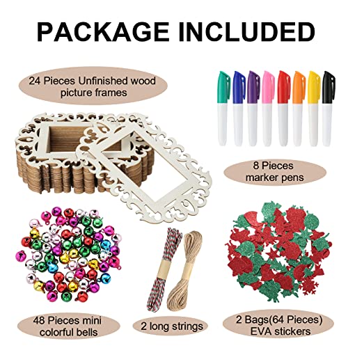144 Pieces Unfinished Christmas Wooden Ornament Kits for Crafts, 24 Pieces Wooden Picture Frames Cutouts with Bells EVA Stickers, Wood Slices Photo Youyole