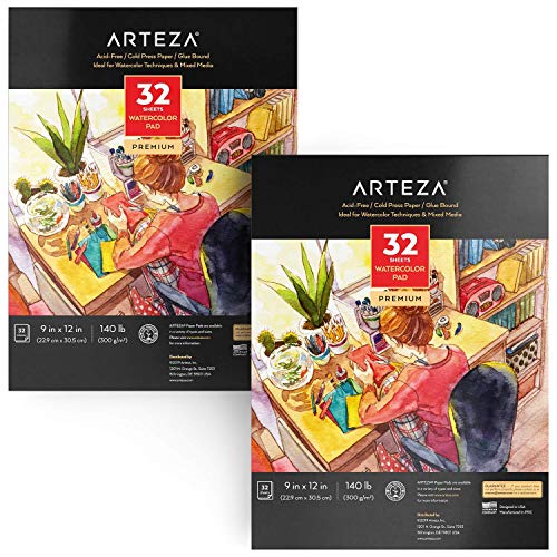 Arteza Watercolor Paper 9x12 Inch, Pack of 2, 64 Sheets (140lb/300gsm), Cold Pressed Art Sketchbook Pad, Art Supplies for Painting & Drawing, Wet, - WoodArtSupply