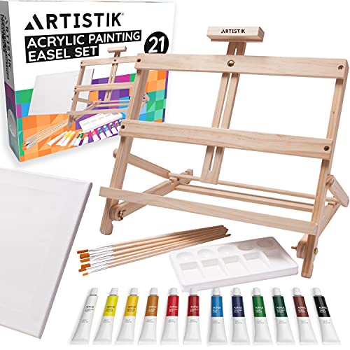 Desk Easel with Acrylic Paints - Table Top Adjustable Wooden Desktop Easel, 12 Tubes, Canvas, Paintbrushes & Palette for Painting, Sketching and - WoodArtSupply