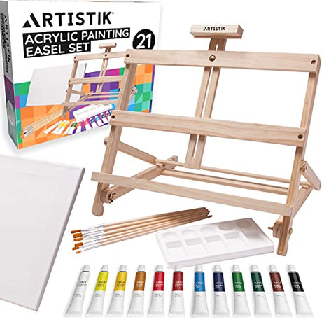 Desk Easel with Acrylic Paints - Table Top Adjustable Wooden Desktop Easel, 12 Tubes, Canvas, Paintbrushes & Palette for Painting, Sketching and ARTISTIK