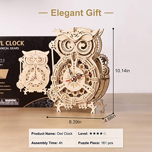 3D Wooden Puzzles ROKR Owl Clock - Mechanical Model Building Kit for Adults 161PCS Clock Puzzles Creative Gift Home Decor for Family ROKR