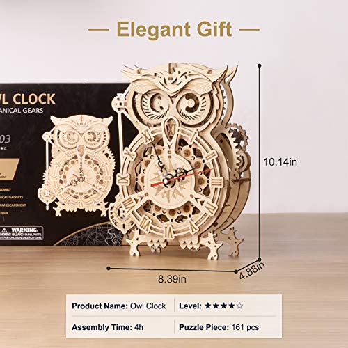 3D Wooden Puzzles ROKR Owl Clock - Mechanical Model Building Kit for Adults 161PCS Clock Puzzles Creative Gift Home Decor for Family - WoodArtSupply