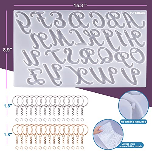 LET'S RESIN Large Alphabet Mold with Hole, Reversed Alphabet Letter Resin Molds Silicone with 30 Jump Rings, 30 Key Rings, Epoxy Molds for Keychain LET'S RESIN