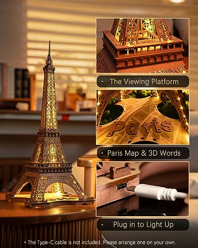 Rolife Large Eiffel Tower Set-LED Model Building Kit-3D Wooden Puzzles for Adults-Paris Architecture Set-Home Decor Gift for Women Men - WoodArtSupply