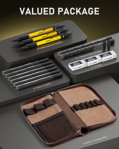 Nicpro 15PCS 1.3 mm Mechanical Pencils Set in Leather Case with 72 Lead Refill,3 Eraser,12 Eraser Refills- Weatherproof Metal Barrel,Heavy Duty - WoodArtSupply