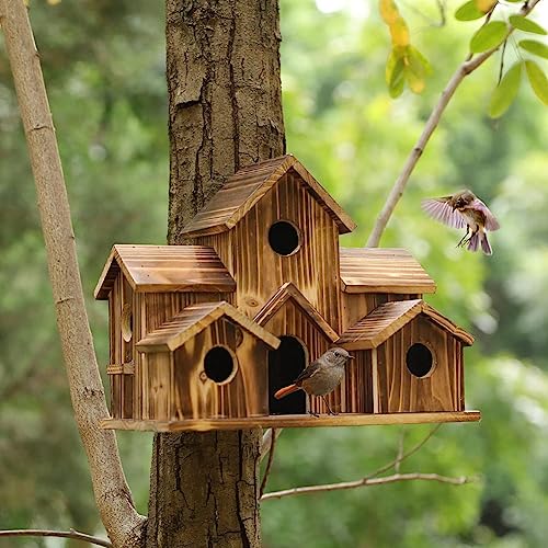 Terpovery Hanging Wooden Bird House for Outside 6 Hole Wooden Bird House Courtyard Backyard Decorations Terpovery