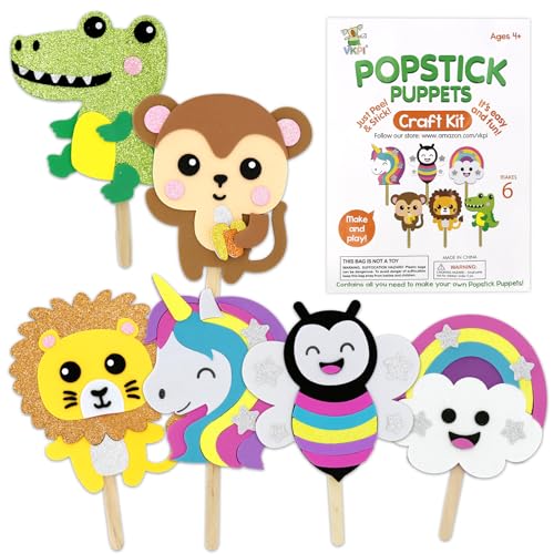 VKPI Make 6 Popstick Puppets Craft Kits for Kids, Foam Art Crafts Gift, Story Time Toys for Ages 4+ Toddler, Unicorn, Cloud, Animals, Preschool VKPI