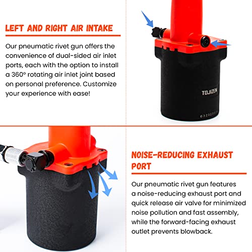 TOJIZEN Pneumatic Pop Rivet Gun Kit, Air Riveter Tool Set for 3/32, 1/8, 5/32, 3/16 Inch Aluminum/Iron/Stainless Steel Rivets - Professional Riveting - WoodArtSupply