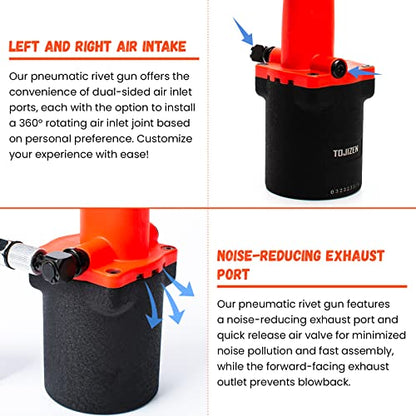 TOJIZEN Pneumatic Pop Rivet Gun Kit, Air Riveter Tool Set for 3/32, 1/8, 5/32, 3/16 Inch Aluminum/Iron/Stainless Steel Rivets - Professional Riveting - WoodArtSupply