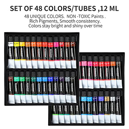 69 Pcs Artists Painting Set with Wood Box Easel，48×12ML Acrylic Painting Set, Canvas 9x12 inches, Wood Palette, Palette Knife Art Supplies, Paint Set - WoodArtSupply