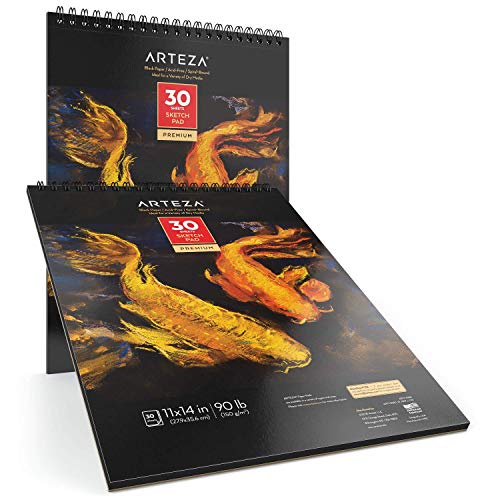 Arteza Spiral-Bound Black Sketch Pad, Heavyweight Paper, 11 X 14 Inches, 90lb/150gsm, 30 Sheets, Pack of 2, for Graphite & Colored Pencils, Charcoal, ARTEZA