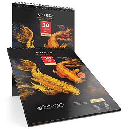 Arteza Spiral-Bound Black Sketch Pad, Heavyweight Paper, 11 X 14 Inches, 90lb/150gsm, 30 Sheets, Pack of 2, for Graphite & Colored Pencils, Charcoal, - WoodArtSupply