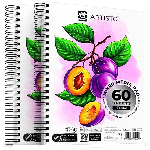 ARTISTO Premium Mixed Media Sketchbooks: Pack of 2 (120 Sheets), 9x12 inches, 160 GSM, Spiral Bound Sketch Pads, Suitable for a Variety of Wet and - WoodArtSupply