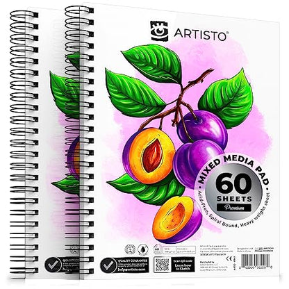 ARTISTO Premium Mixed Media Sketchbooks: Pack of 2 (120 Sheets), 9x12 inches, 160 GSM, Spiral Bound Sketch Pads, Suitable for a Variety of Wet and - WoodArtSupply