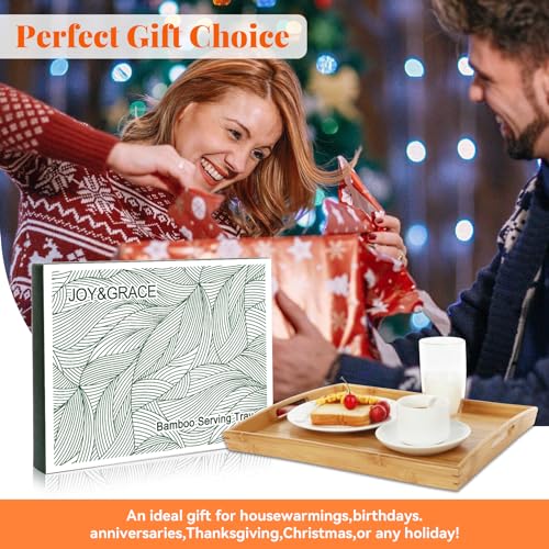 Joy&Grace 100% Bamboo Wood Butler Serving Tray with Handles - Breakfast/Coffee Table Tray, Decorative Ottoman Tray, Serving Platter for Joy&Grace