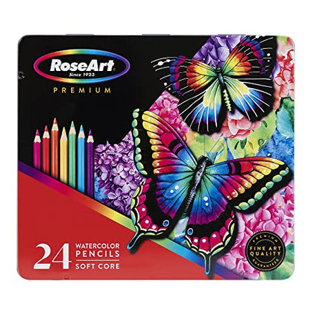 RoseArt Premium 24ct Soft Core Watercolor Pencils – Art Supplies for Drawing, Sketching, Adult Coloring in Design Storage Tin, multi (84402) RoseArt