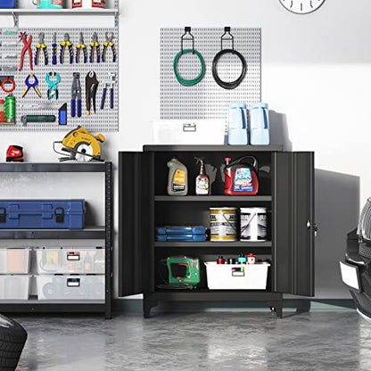 SONGMICS Garage Cabinet, Metal Storage Cabinet with Doors and Shelves, for Home Office, Garage and Utility Room, Black UOMC013B01