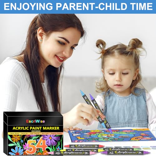 EscriWise 54 Colors Acrylic Paint Pens Paint Markers Set,Dual Tip Paint Markers With Fine Tip and Brush Tip,Premium Paint Pens for Stone,Canvas,Rock EscriWise