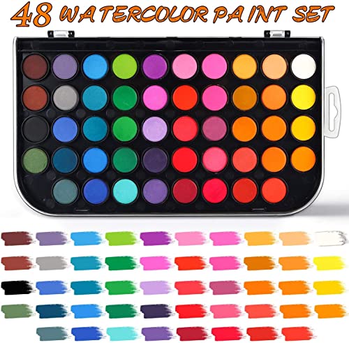 48-Color Watercolor Paint Set With Brush, Refillable Water Brush Pen, Palette, and Water-Washable Paints for Kids, Adults and Artists RVOGJP