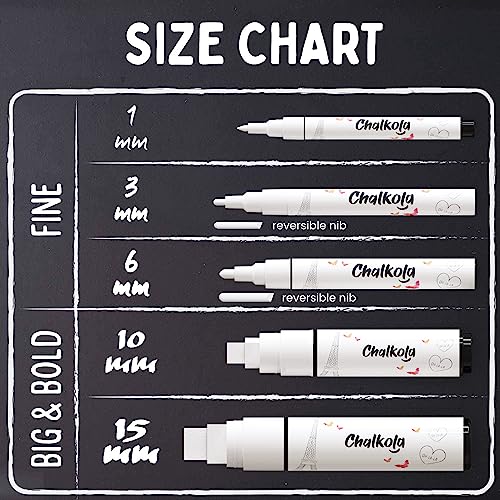 Chalkola 5 White Chalk Markers for Chalkboard Signs, Blackboard, Car Window, Bistro, Glass | 5 Variety Pack - Thin, Fine Tip, Bold & Jumbo Size Chalkola