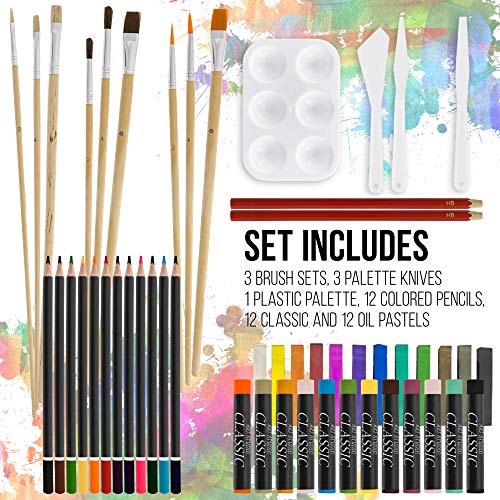 U.S. Art Supply 95 Piece Wood Box Easel Painting Set - Oil, Acrylic, Watercolor Paint Colors and Painting Brushes, Oil Artist Pastels, Pencils - U.S. Art Supply