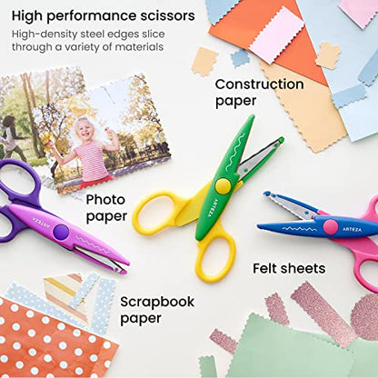 Arteza Kids Decorative Scissors, Set of 12 Different Patterns, 5.5 Inches, Craft Scissors with Patterns, School Supplies and Scrapbooking Supplies - WoodArtSupply