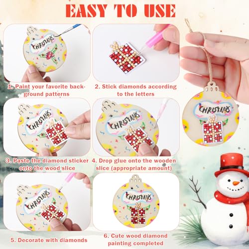 Zhanmai 40 Pcs Christmas DIY Craft for Kid Unfinished Wooden Christmas Ornaments Wood Slices with Gem Diamond Painting Sets 5d Round Wooden Xmas - WoodArtSupply