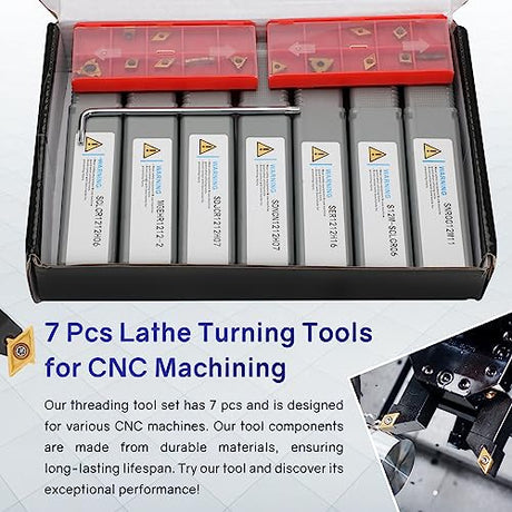 JOOGTO Indexable Lathe Turning Tool 21Pcs Kit 1/2'' 12mm Shank 7 Pcs Metal Lathe Tool Holder Set for Turning Grooving Threading Boring with 14 Pcs Joogto