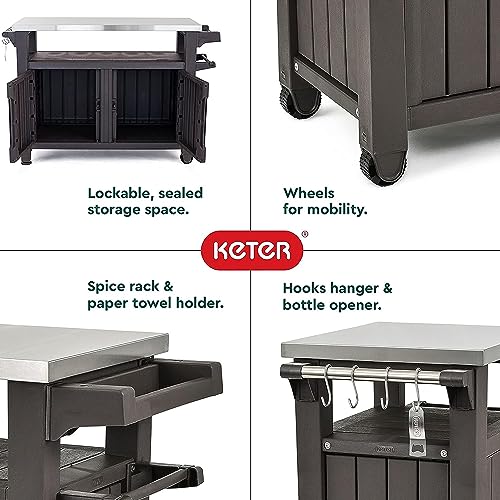 Keter Unity XL Outdoor Kitchen Island Rolling Cart Bar Table & Storage Cabinet, Grill Station with Utensil Hooks for Grilling Accessories, Brown Keter