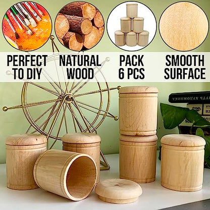 AEVVV 6pcs 2''x2.8'' Unfinished Round Wooden Box Blank Trinket Box Jewelry Box Decorative Boxes Storage Container DIY Wood Ring Box Small Spice