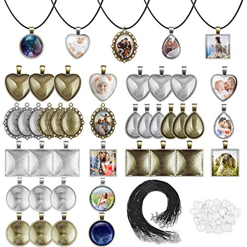 anezus Pendant Trays with Glass Cabochons for Jewelry Making, 90pcs Pendants Trays Set Including 30pcs Bezel Pendant Trays Blanks, 30pcs Glass anezus