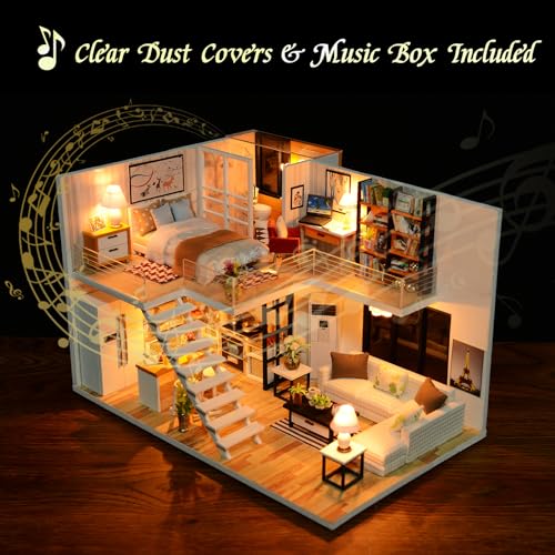 DIY Miniature Dollhouse Kit, Tiny House Model Kit with Music Box & LED Light & Dust Proof Cover, 3D Wooden Puzzle for Adults, Creative Handmade