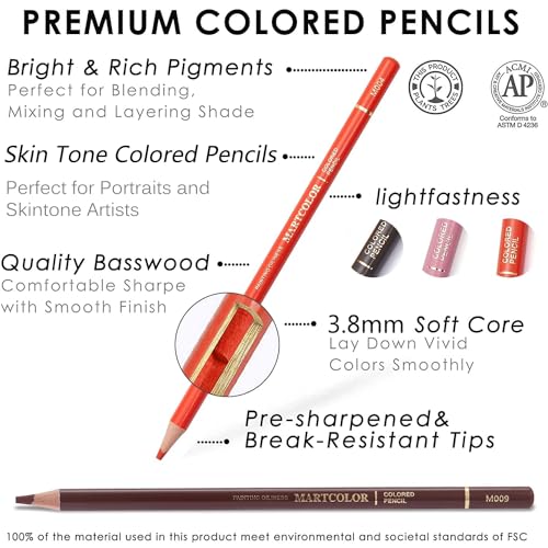 MARTCOLOR Skin Tone Colored Pencils for Portraits and Skintone Artists, 24 Colors Oil Color Pencils for Drawing, Sketching, Adult Coloring, Shading, MARTCOLOR