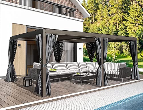 Domi Louvered Pergola 12' × 20', Outdoor Aluminium Pergola with Adjustable Roof, Curtains and Netting, Hardtop Gazebo for Patio, Deck, Garden, Yard,