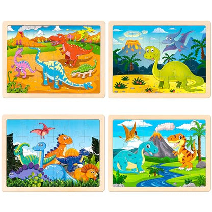 Art Set & 4 Pack Wooden Dinosaur Puzzles for Kids - WoodArtSupply