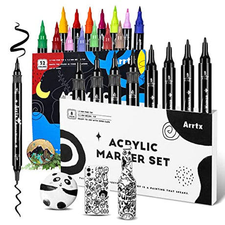 Bundle of Arrtx Acrylic Paint Pens, 40PCS, Including 32 Colors (Dual Tip) Paint Markers for Rock Painting,Water Based Acrylic Painting Supplies for Arrtx