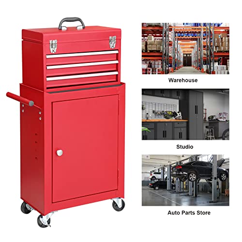 GSTANDARD APTB202R Torin Rolling Garage Workshop Tool Organizer: Detachable 3 Drawer Tool Chest with Large Storage Cabinet and Adjustable Shelf, Red Torin