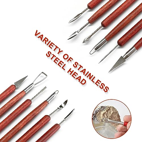 Clay Sculpting Tools, 6 PCS Double-Ended Stainless Steel Polymer Clay Tools, Wooden Handle Pottery Tools for Embossing, Carving Tools and Supplies HANWER