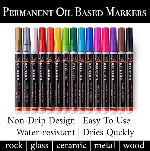 ARTISTRO 15 Oil Based Paint markers for Wood, Rock, Fabric, Glass - Permanent, Quick Dry, Waterproof - Oil paint pens for Ceramic, Mugs, Metal, ARTISTRO