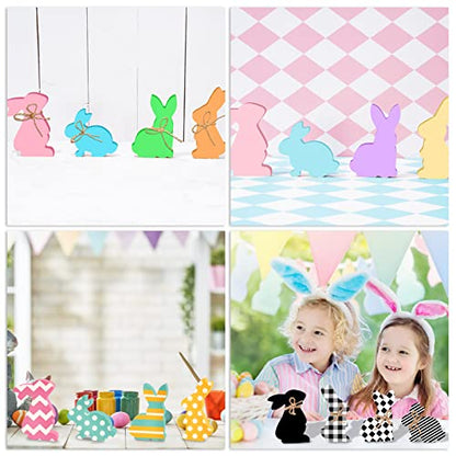 Whaline 8Pcs Easter Wooden Bunny Cutouts 4 Designs Unfinished Bunny Table Sign Pine Blank Wood Bunny Freestanding with Hemp Rope for Easter Spring