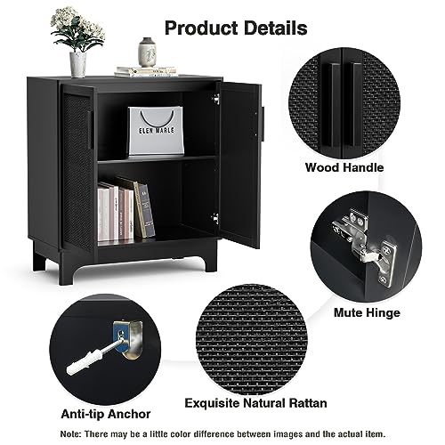 Anmytek Black Rattan Cabinet, Natural Rattan Storage Cabinet with 2 Doors Adjustable Shelf Large Space Entryway Hallway Cabinet Sideboard Buffet for Anmytek